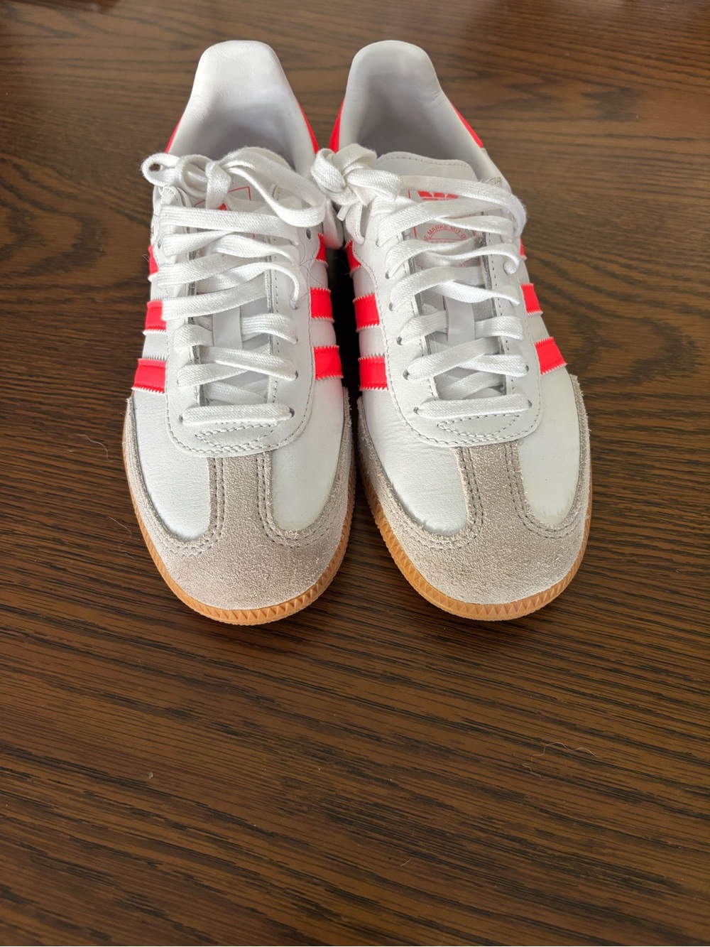 White sambas with Neon Pink Stripes and Gum Sole